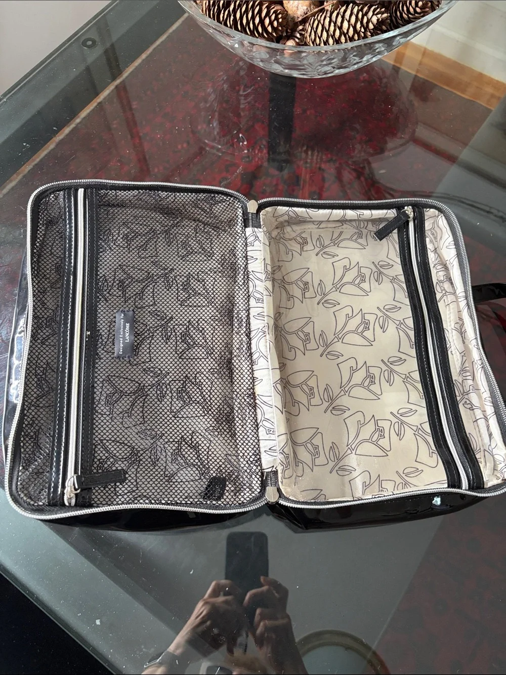 Lancome 2 piece Black Patent Cosmetic Carry Case and pouch